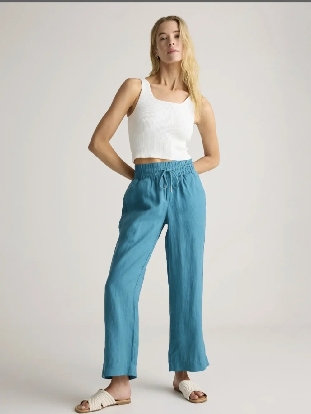 Quince 2-Piece European Linen Set SS Shirt & Wide Leg Pants Mineral Blue - M